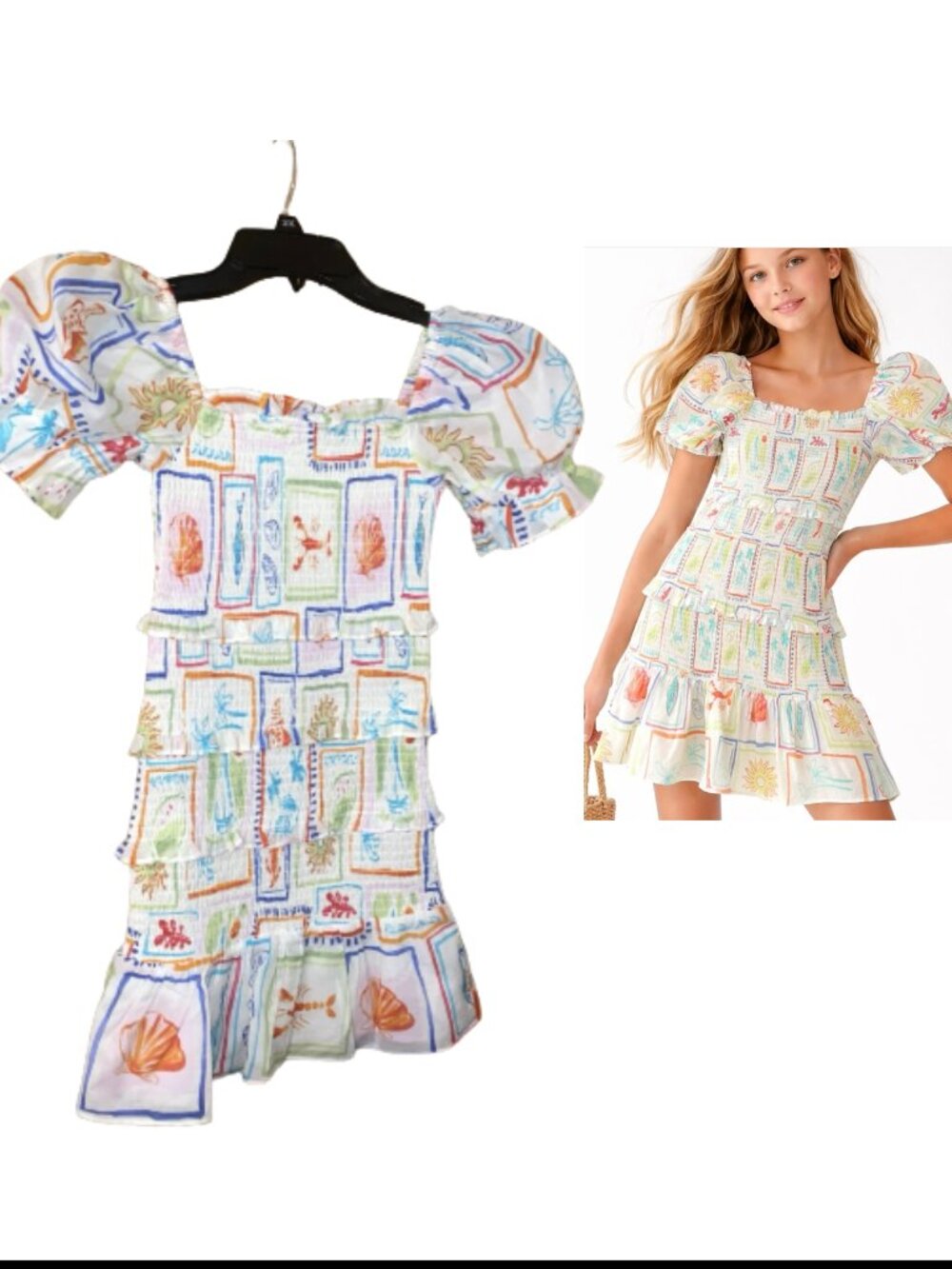 J. Marie Girls Lucia Dress Size 7/8 Smocked with Puff Sleeves Beach Theme